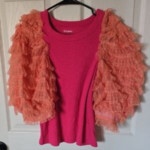 Anthropologie-inspired Pink Top with Orange Ruffled Puff Sleeves| Handmade Item